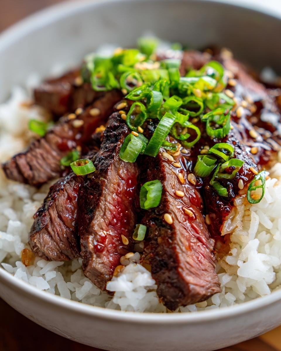 A close-up of Korean BBQ Steak Rice in a bowl, topped with green onions and sesame seeds.