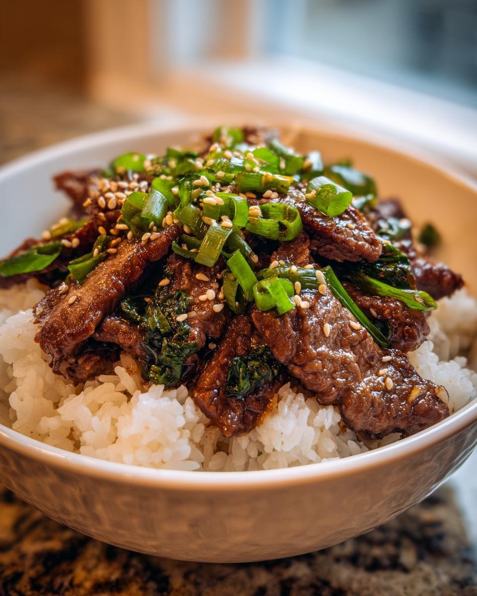 A flavorful bowl of Korean BBQ Steak Rice topped with sesame seeds and green onions.