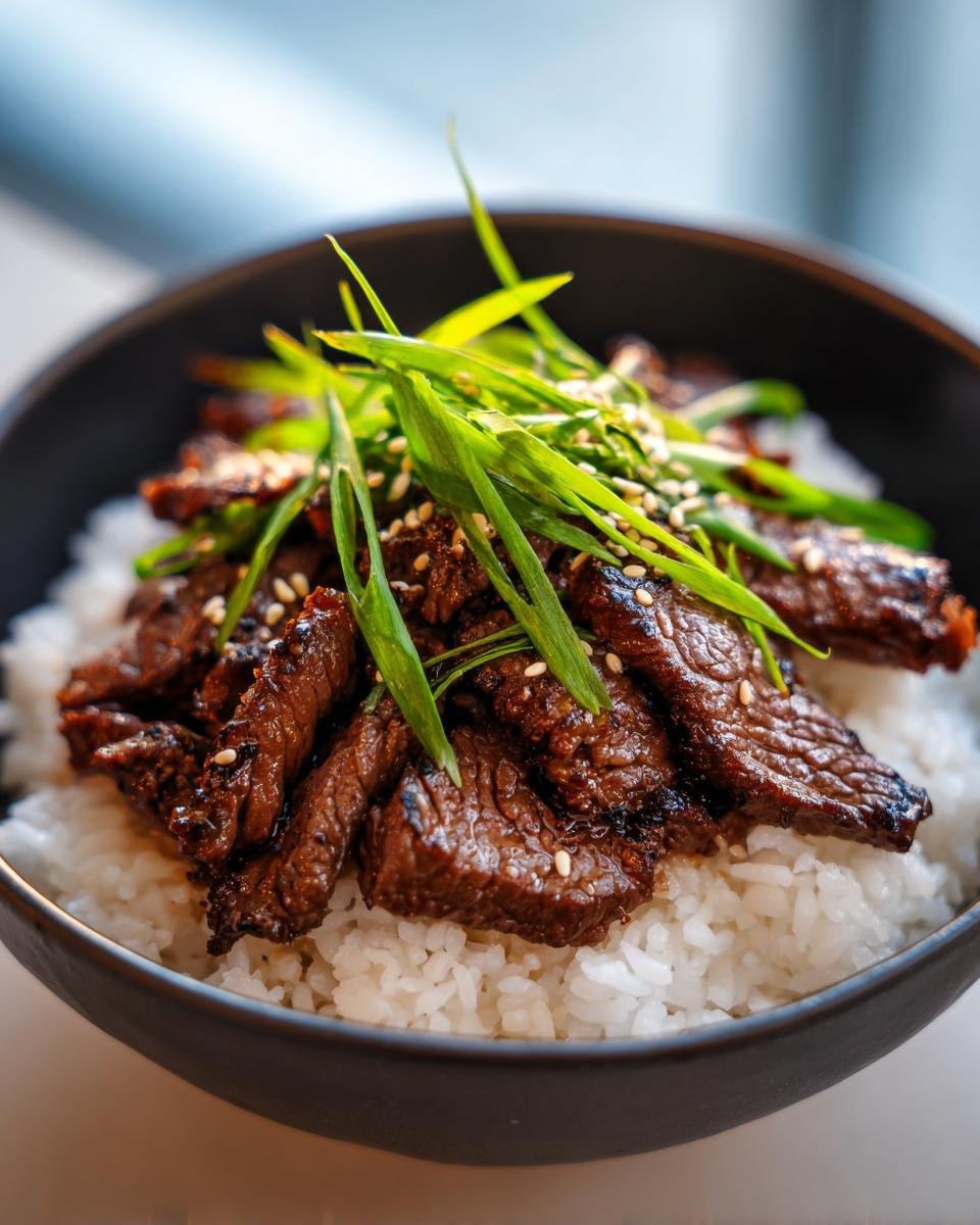 A delicious bowl of Korean BBQ Steak Rice, topped with fresh scallions and sesame seeds.