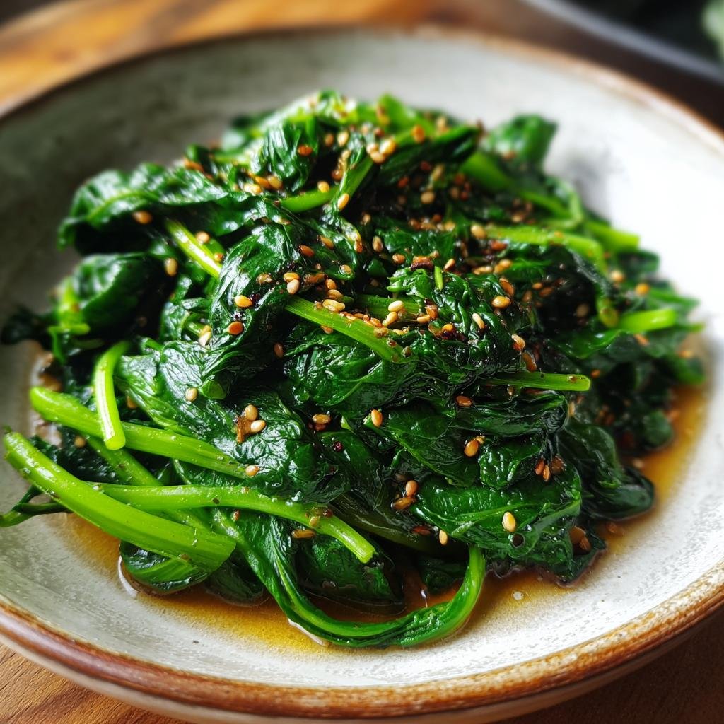 Close-up of Korean Spinach Side Dish (Sigeumchi Namul) topped with sesame seeds in a ceramic bowl.