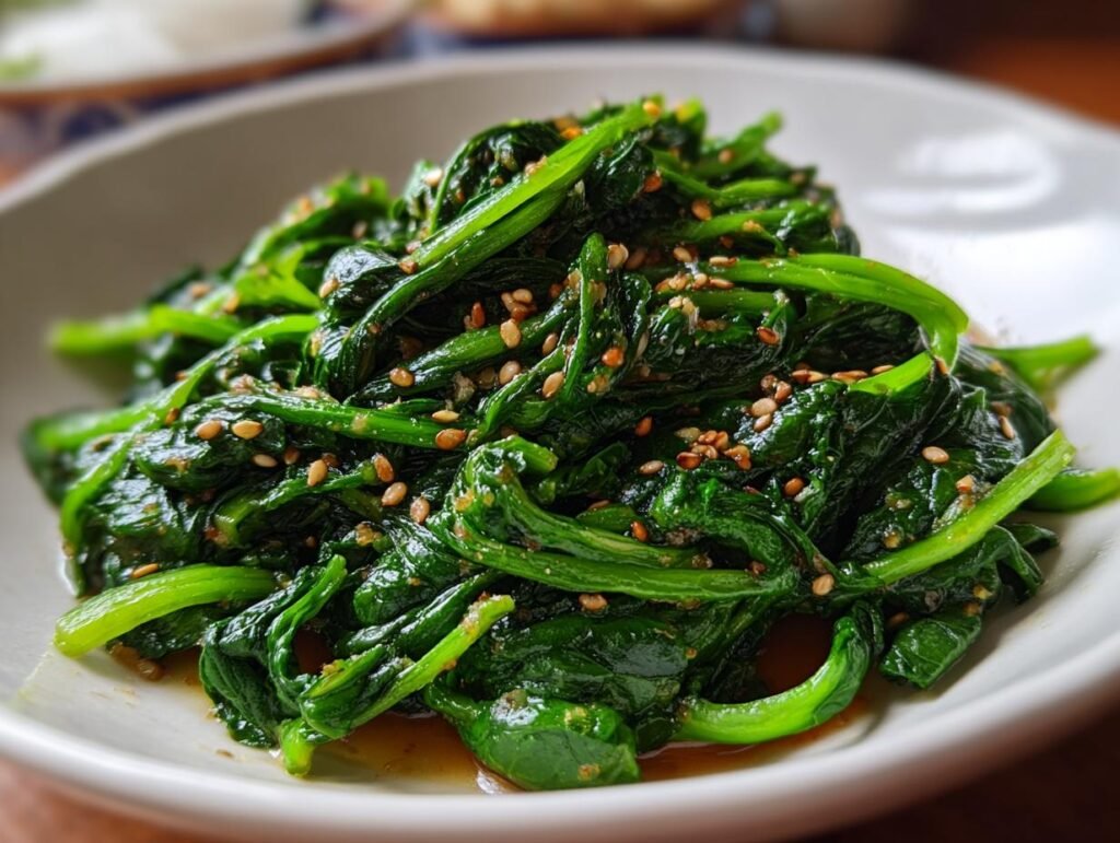 Close-up of Korean Spinach Side Dish (Sigeumchi Namul) topped with sesame seeds on a white plate.