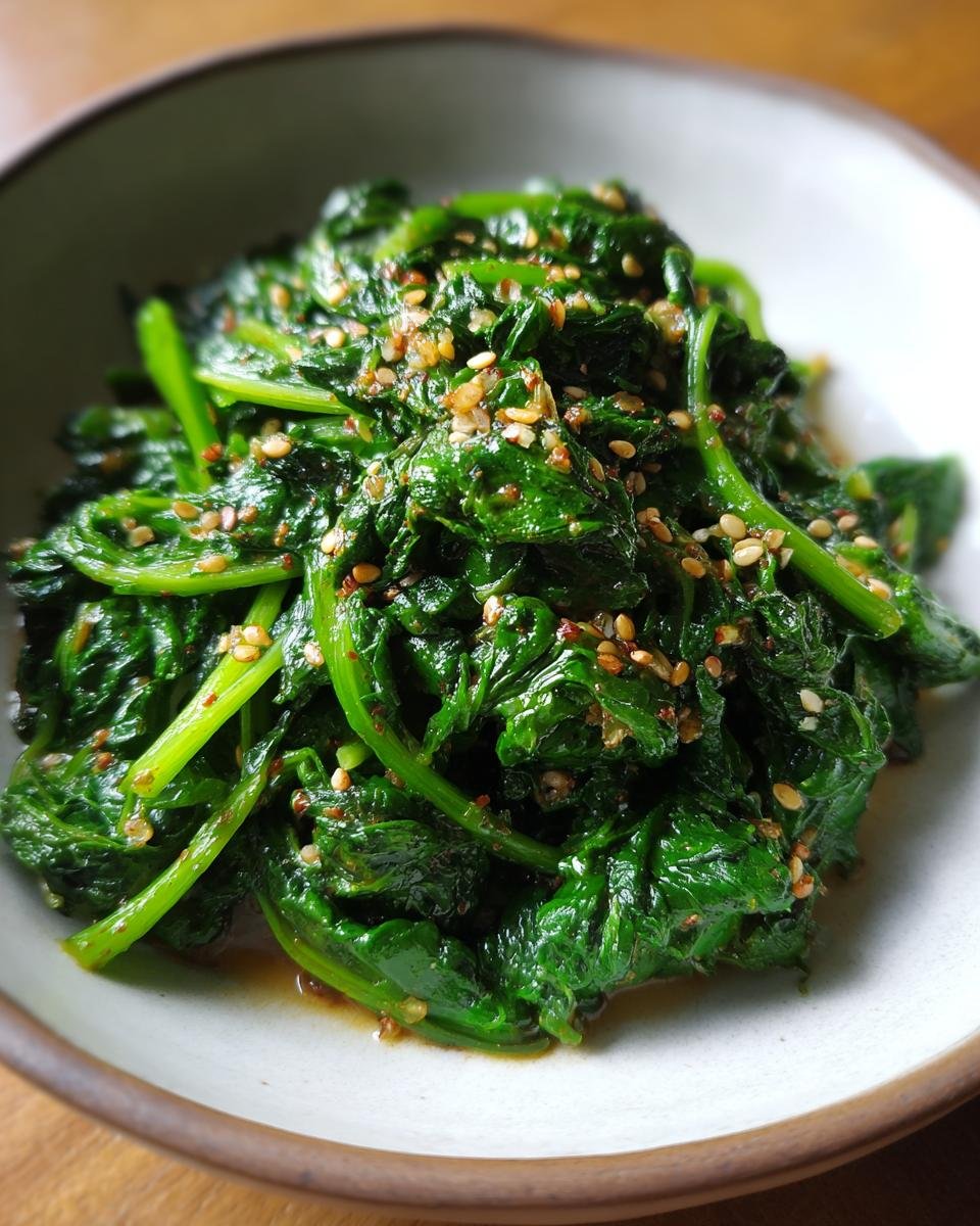 Close-up of Korean Spinach Side Dish (Sigeumchi Namul) topped with sesame seeds in a bowl.