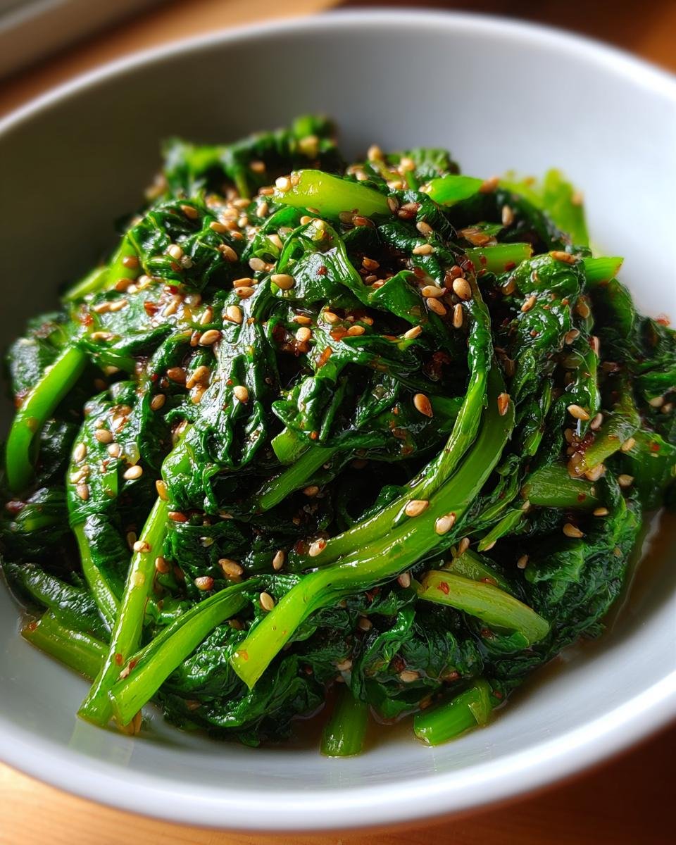 Close-up of Korean Spinach Side Dish (Sigeumchi Namul) in a white bowl, sprinkled with sesame seeds.