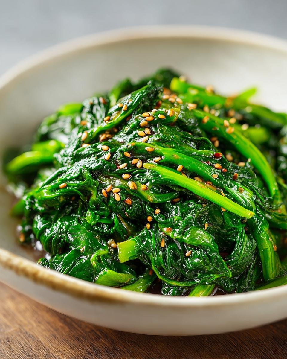 Close-up of Korean Spinach Side Dish (Sigeumchi Namul) in a bowl, sprinkled with sesame seeds.