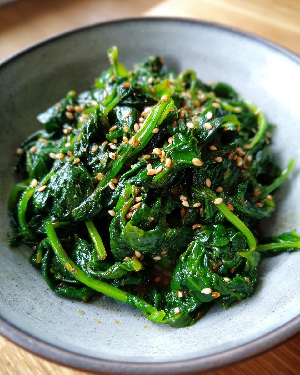 Close-up of Korean Spinach Side Dish (Sigeumchi Namul) in a bowl, topped with sesame seeds.