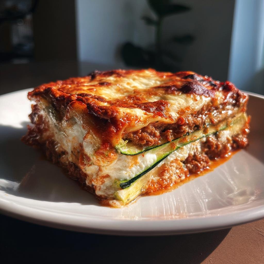 A delicious slice of Lasagnes With Zuchinni, showcasing layers of zucchini, meat, cheese, and sauce on a white plate.