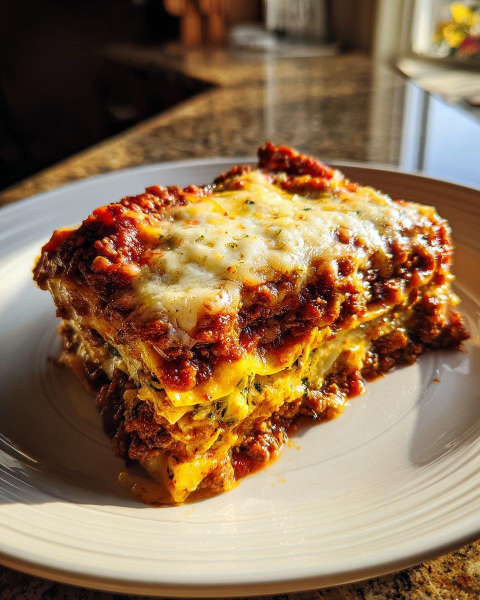 A delicious slice of Lasagnes With Zuchinni, featuring layers of pasta, zucchini, sauce, and melted cheese.