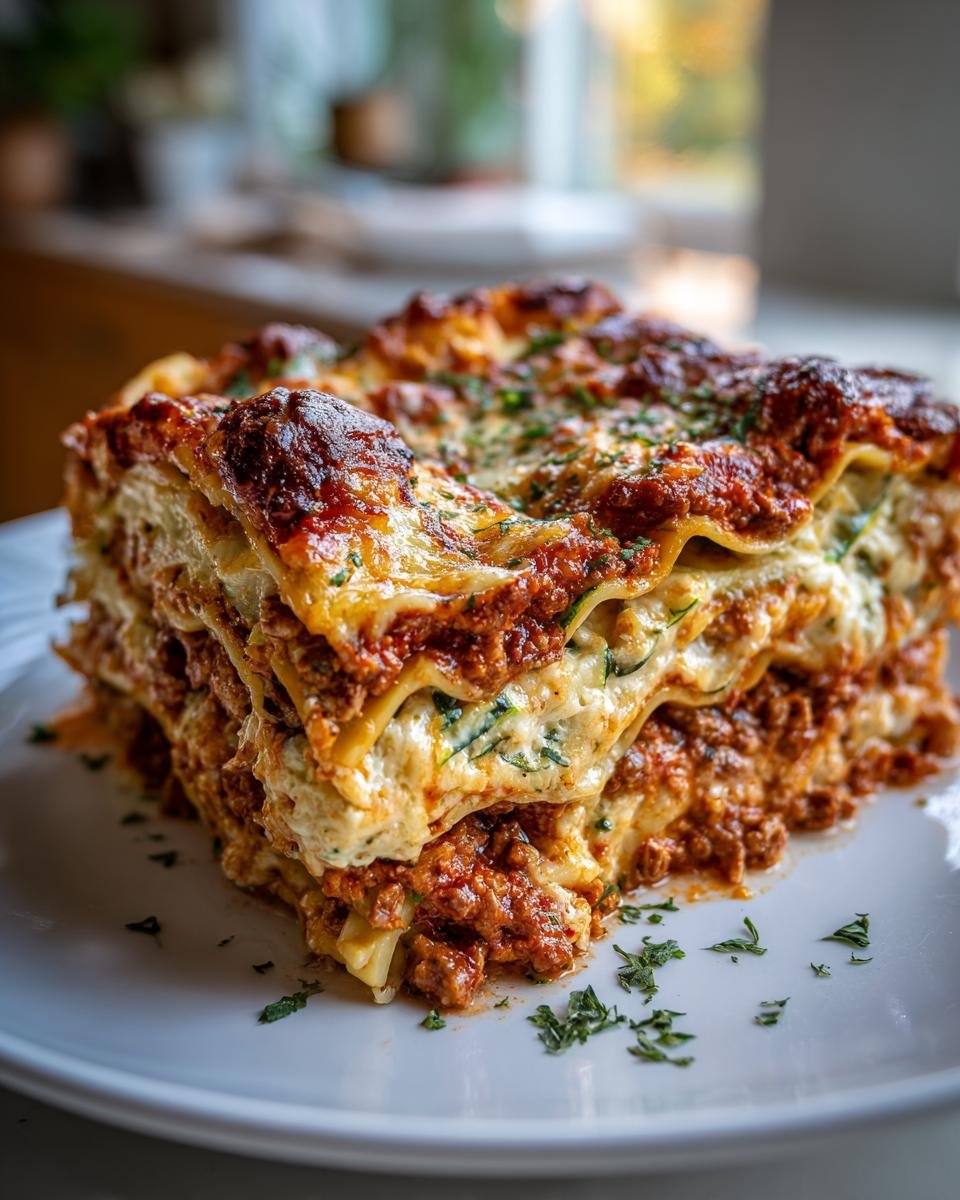 A delicious slice of Lasagnes With Zuchinni on a white plate, showcasing layers of pasta, meat sauce, and creamy filling.