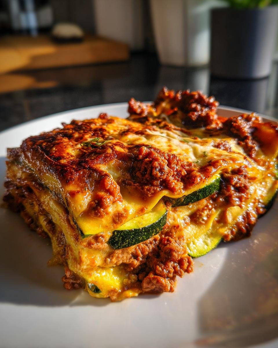 A slice of Lasagnes With Zuchinni, showcasing layers of zucchini, meat sauce, and cheese on a white plate.