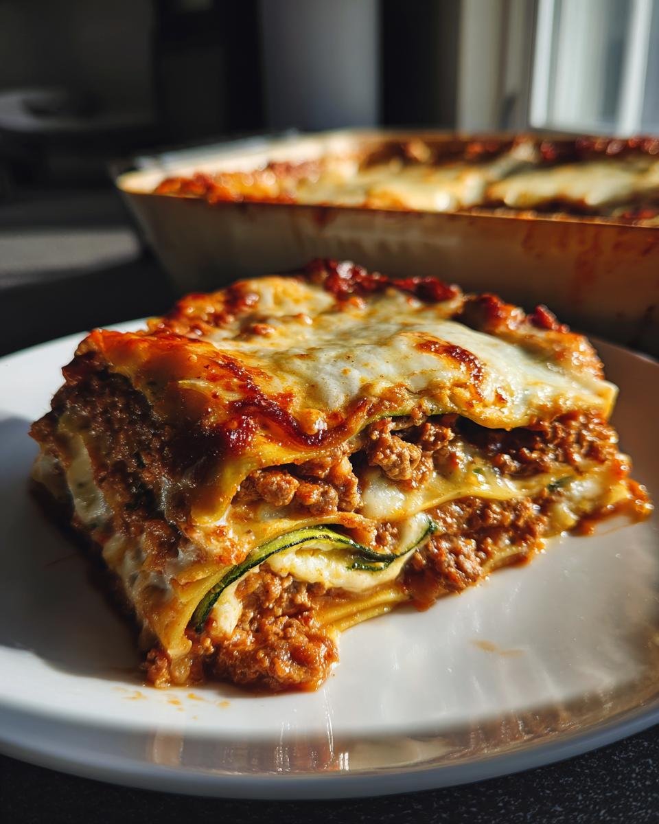 A slice of Lasagnes With Zuchinni on a white plate, showcasing layers of pasta, meat sauce, zucchini, and melted cheese.