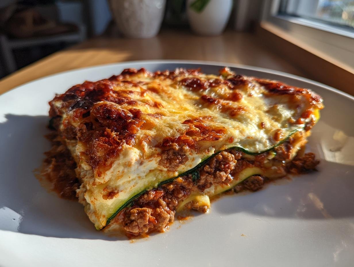 A slice of Lasagnes With Zuchinni on a white plate, showcasing layers of zucchini, meat sauce, and cheese.