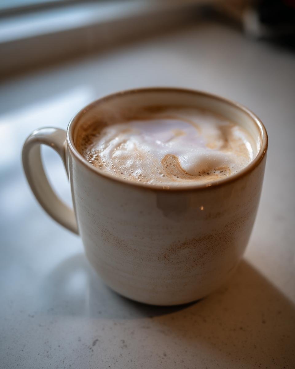 Close-up of a mug filled with frothy Lavender Sleep Milk, ready to promote relaxation.