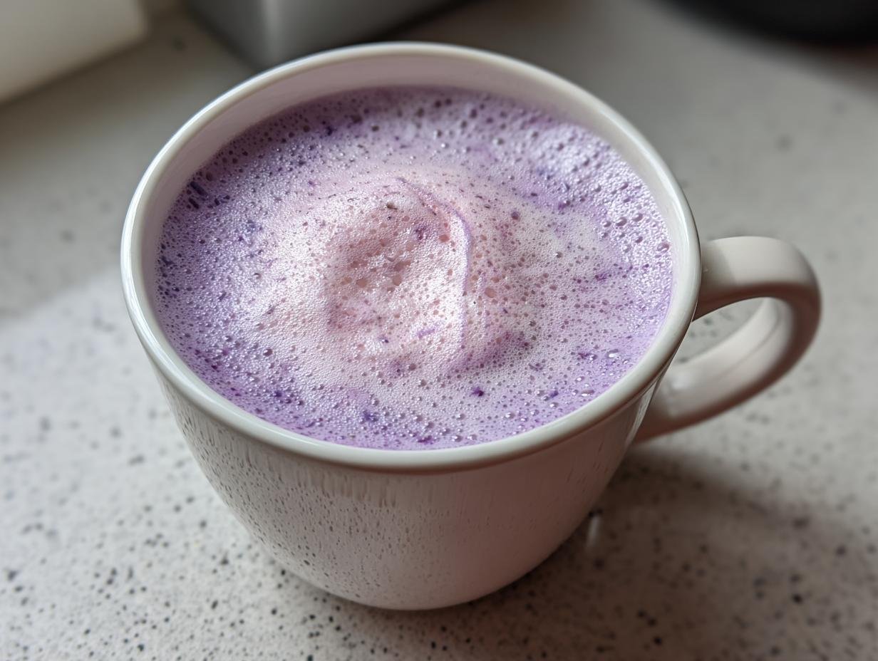 Close-up of a cup of purple Lavender Sleep Milk with a frothy top.