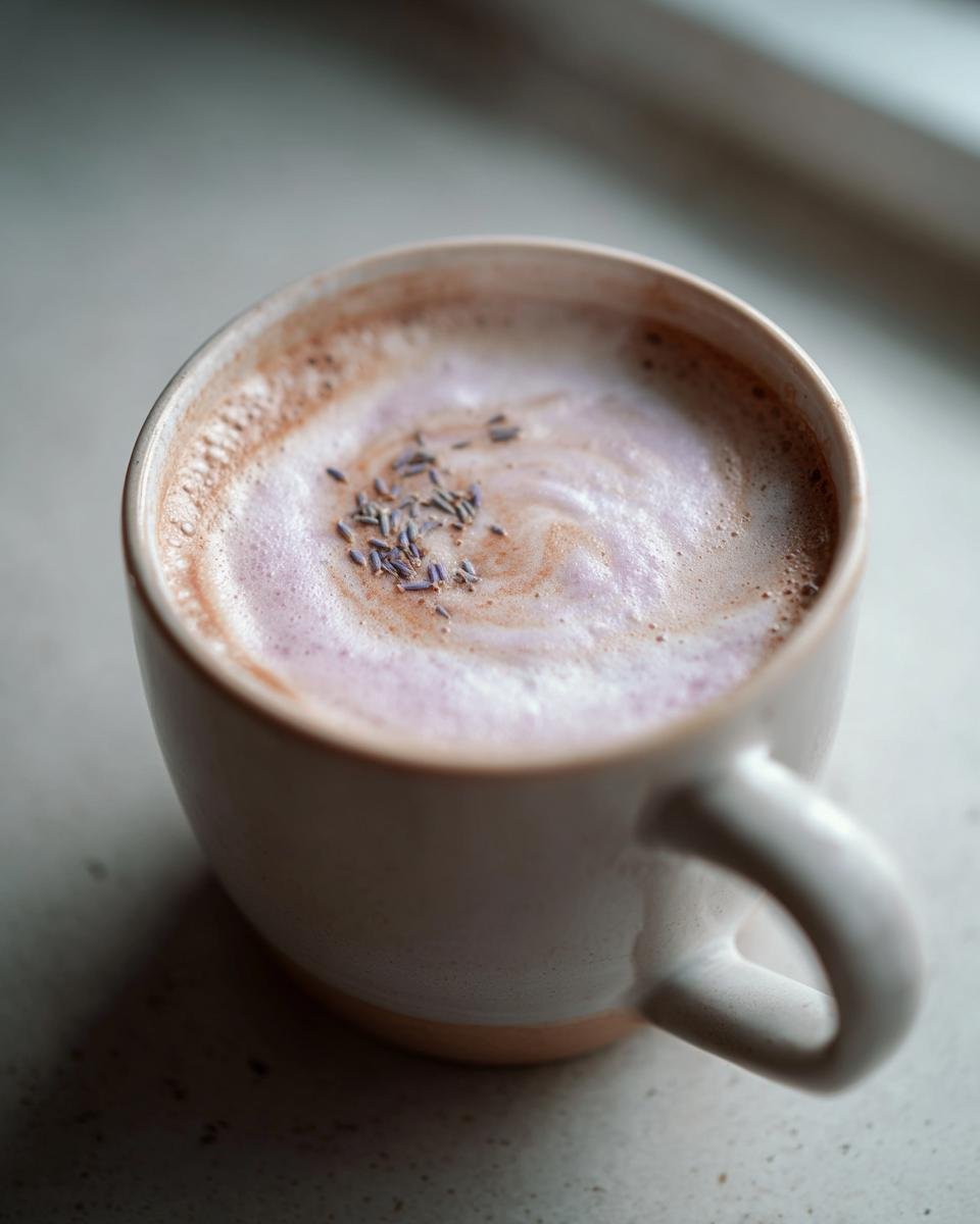Close-up of a mug of Lavender Sleep Milk, topped with foam and dried lavender buds.