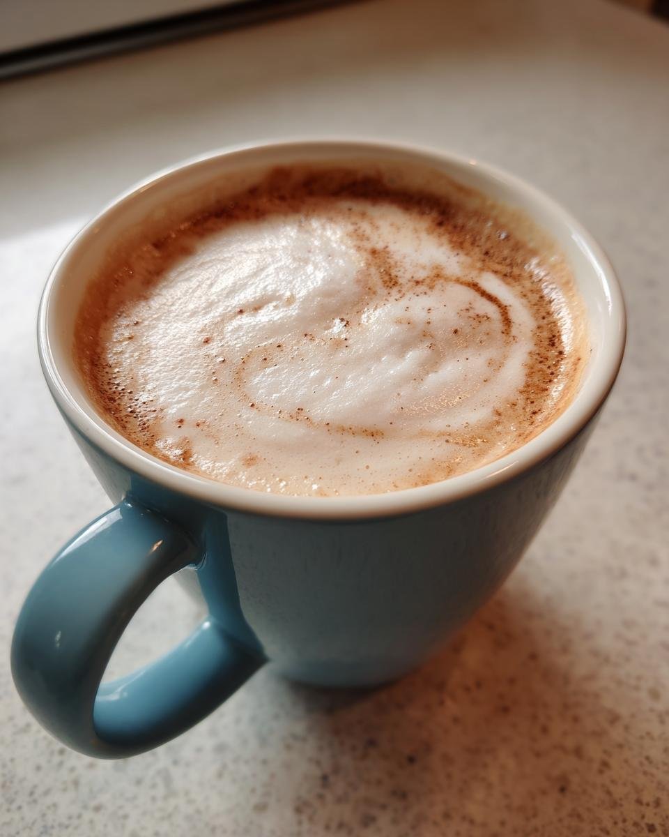 A blue mug filled with frothy Lavender Sleep Milk, swirled with a light dusting of spice.