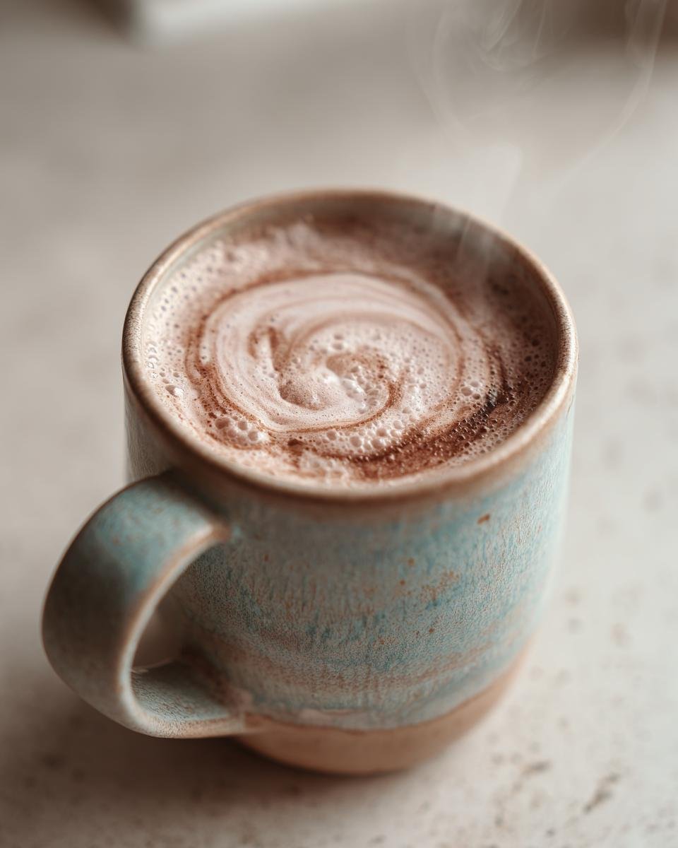 Close-up of a steaming mug of Lavender Sleep Milk with a frothy swirl on top.