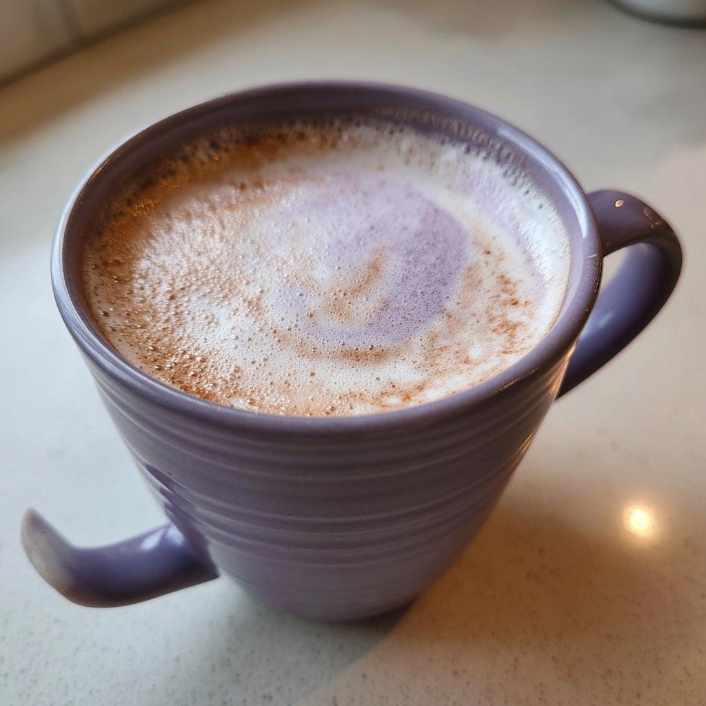 A mug of Lavender Sleep Milk with a frothy top in a purple mug, ready to drink.