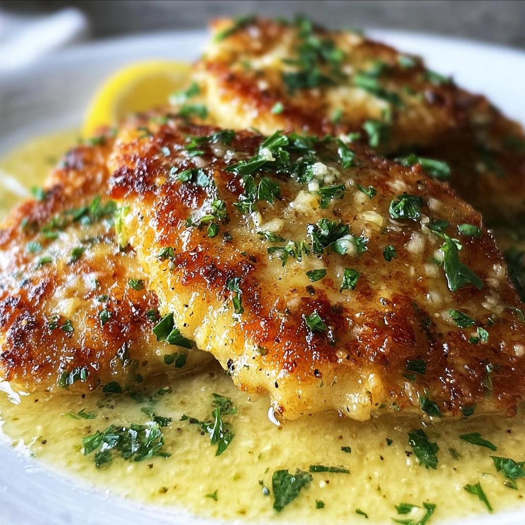 Close-up of Lemon Chicken Romano with a lemon-butter sauce and parsley garnish, served on a white plate.