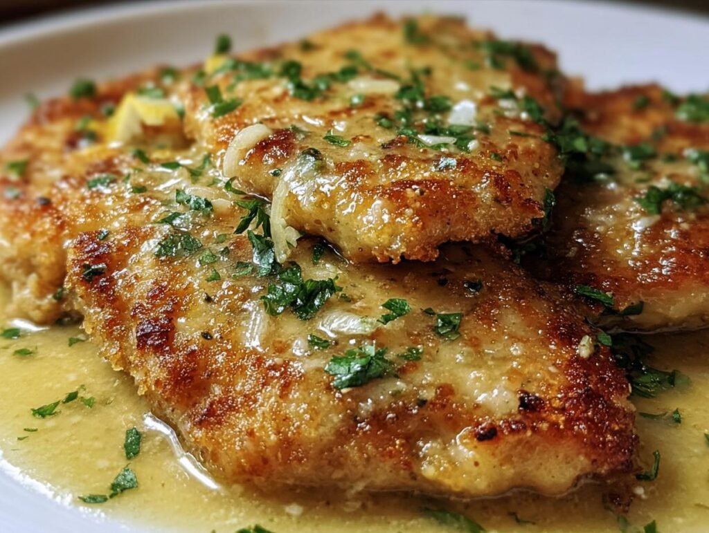 Close-up of Lemon Chicken Romano featuring golden-brown chicken cutlets with a lemon sauce and fresh parsley garnish.