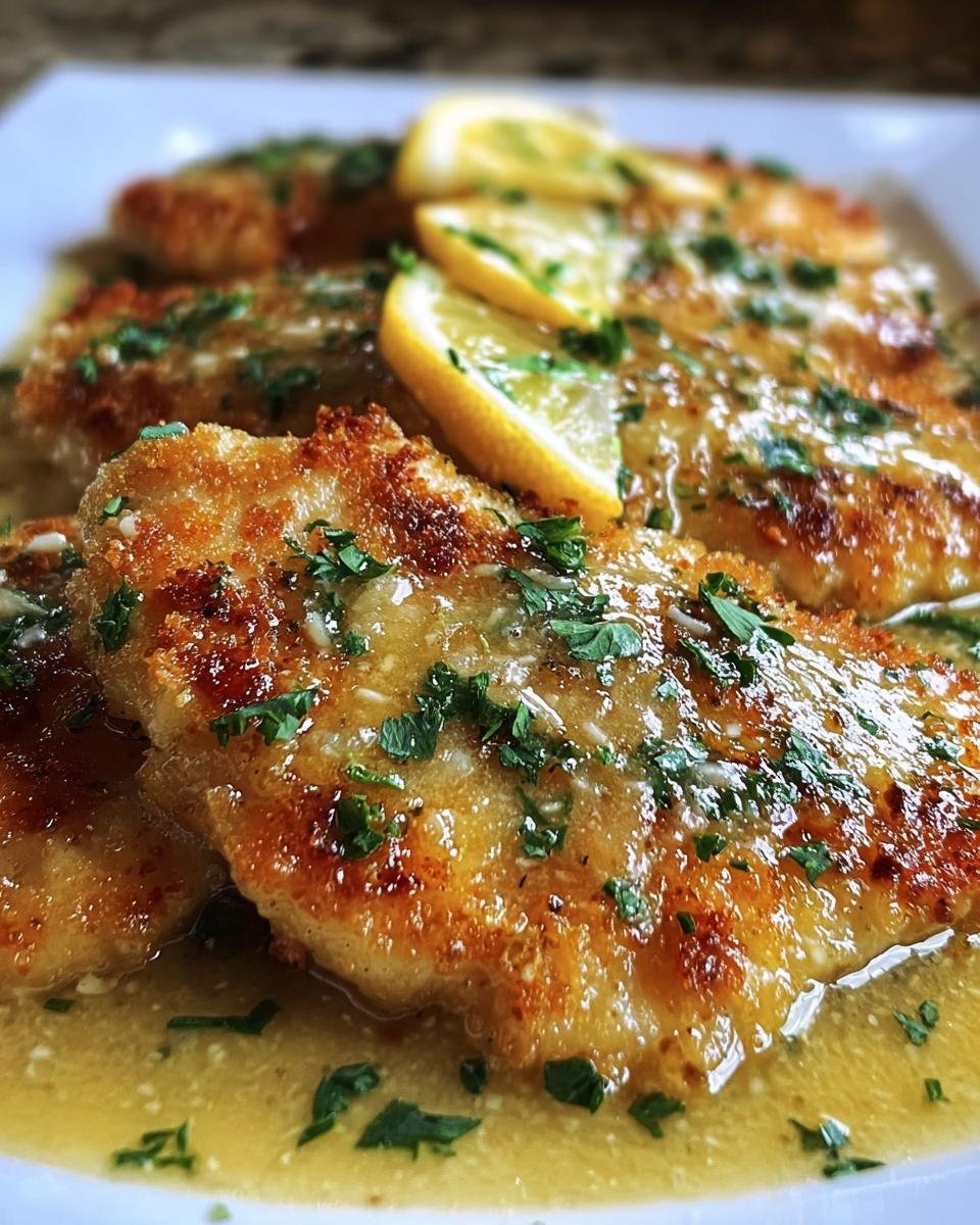 Close-up of Lemon Chicken Romano, featuring golden-brown chicken, lemon slices, parsley, and a rich sauce.