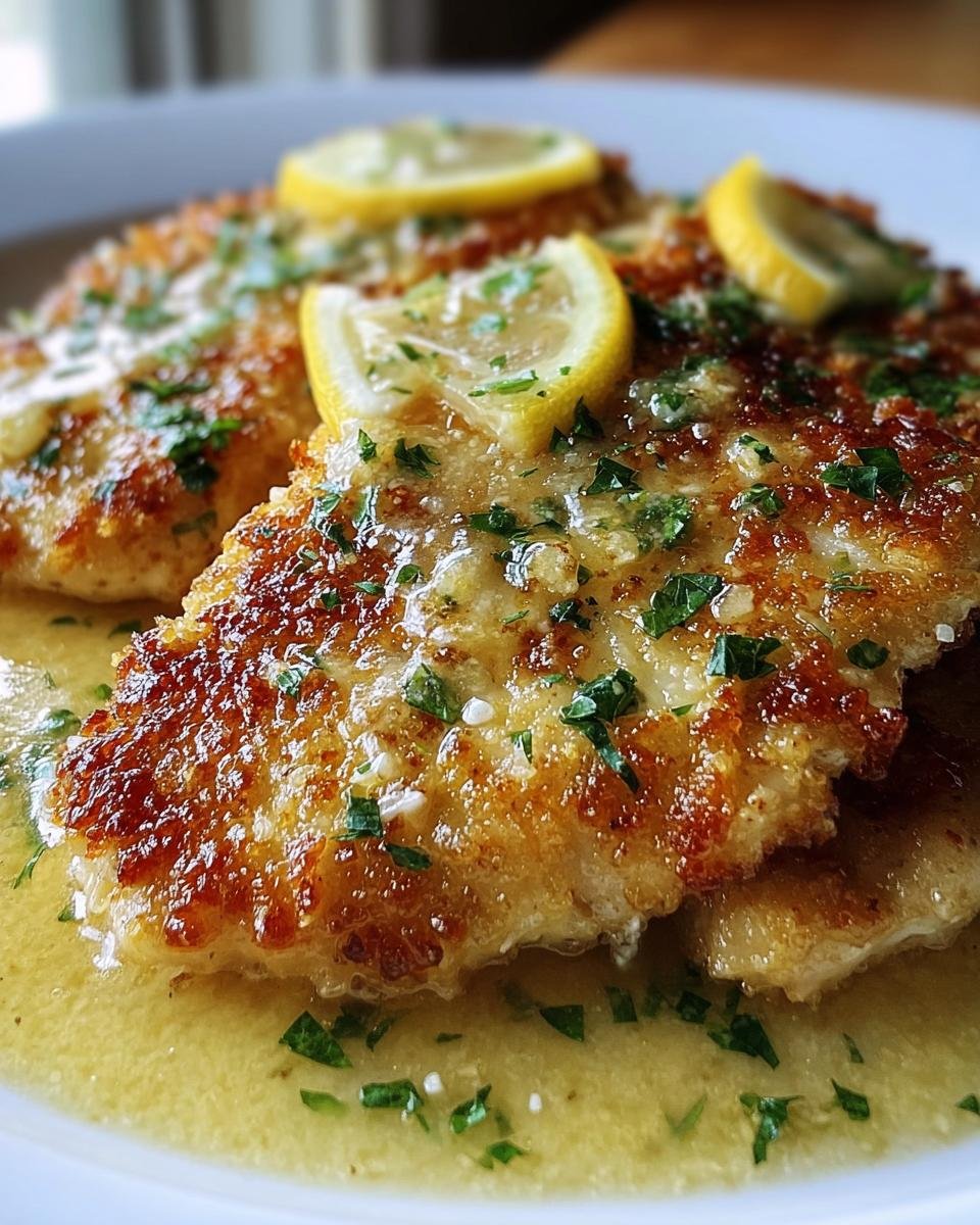 Close-up of Lemon Chicken Romano, garnished with lemon slices and parsley in a lemon sauce.