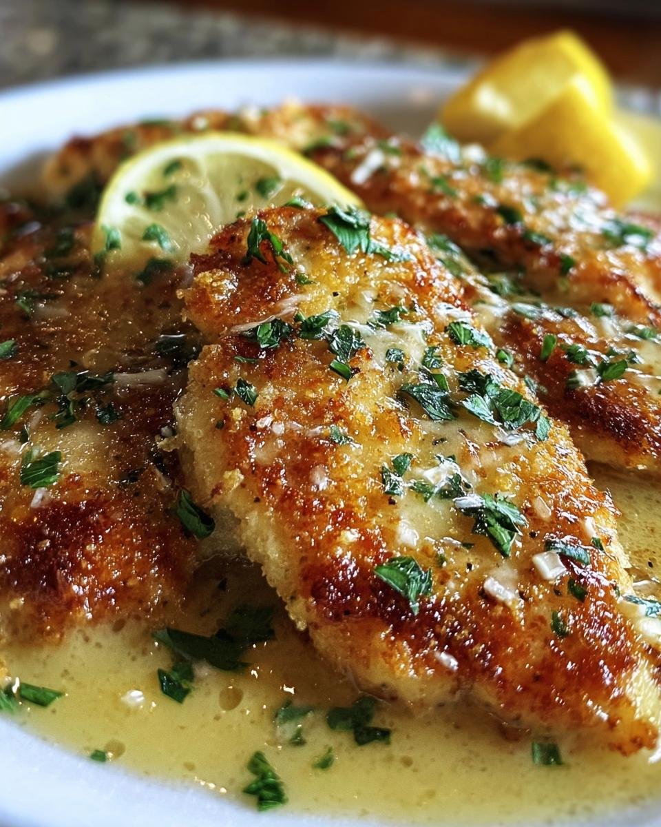 Close-up of Lemon Chicken Romano dish, featuring golden-brown chicken, lemon slices, and a creamy sauce, garnished with parsley.