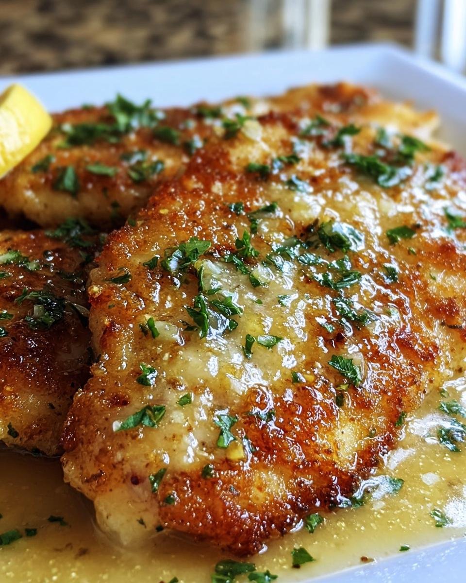 Close-up of Lemon Chicken Romano on a white plate, garnished with parsley and a lemon wedge.