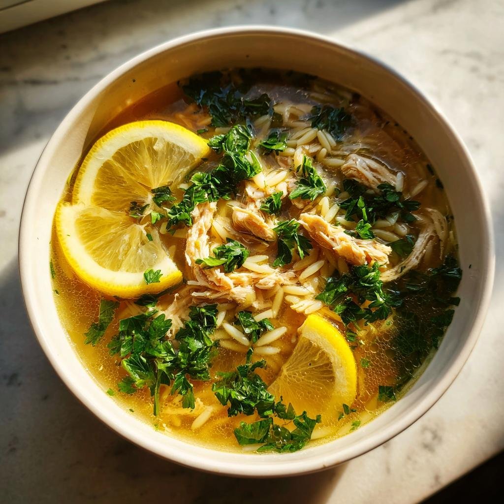 Overhead shot of a bowl of Lemon Chicken Soup with lemon slices, shredded chicken, orzo, and fresh parsley.