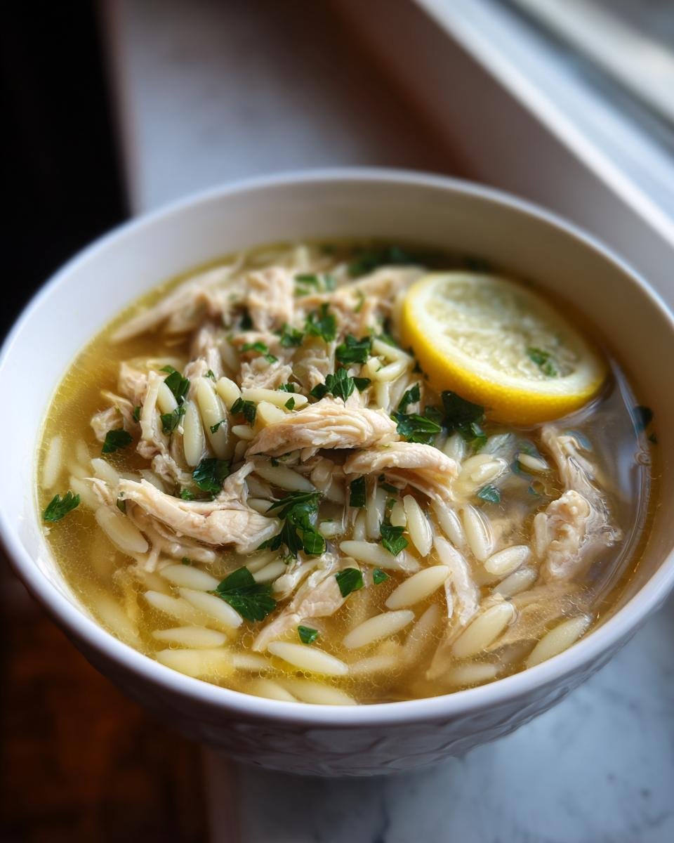 Close-up of Lemon Chicken Soup in a white bowl, garnished with a lemon slice and fresh parsley.