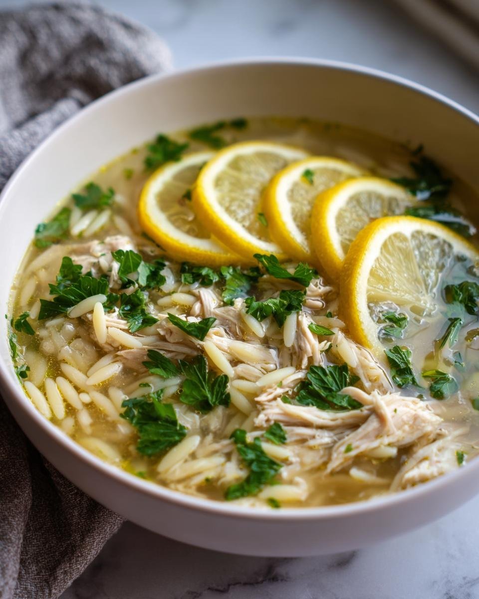 A bowl of Lemon Chicken Soup with orzo pasta, shredded chicken, lemon slices, and fresh parsley.