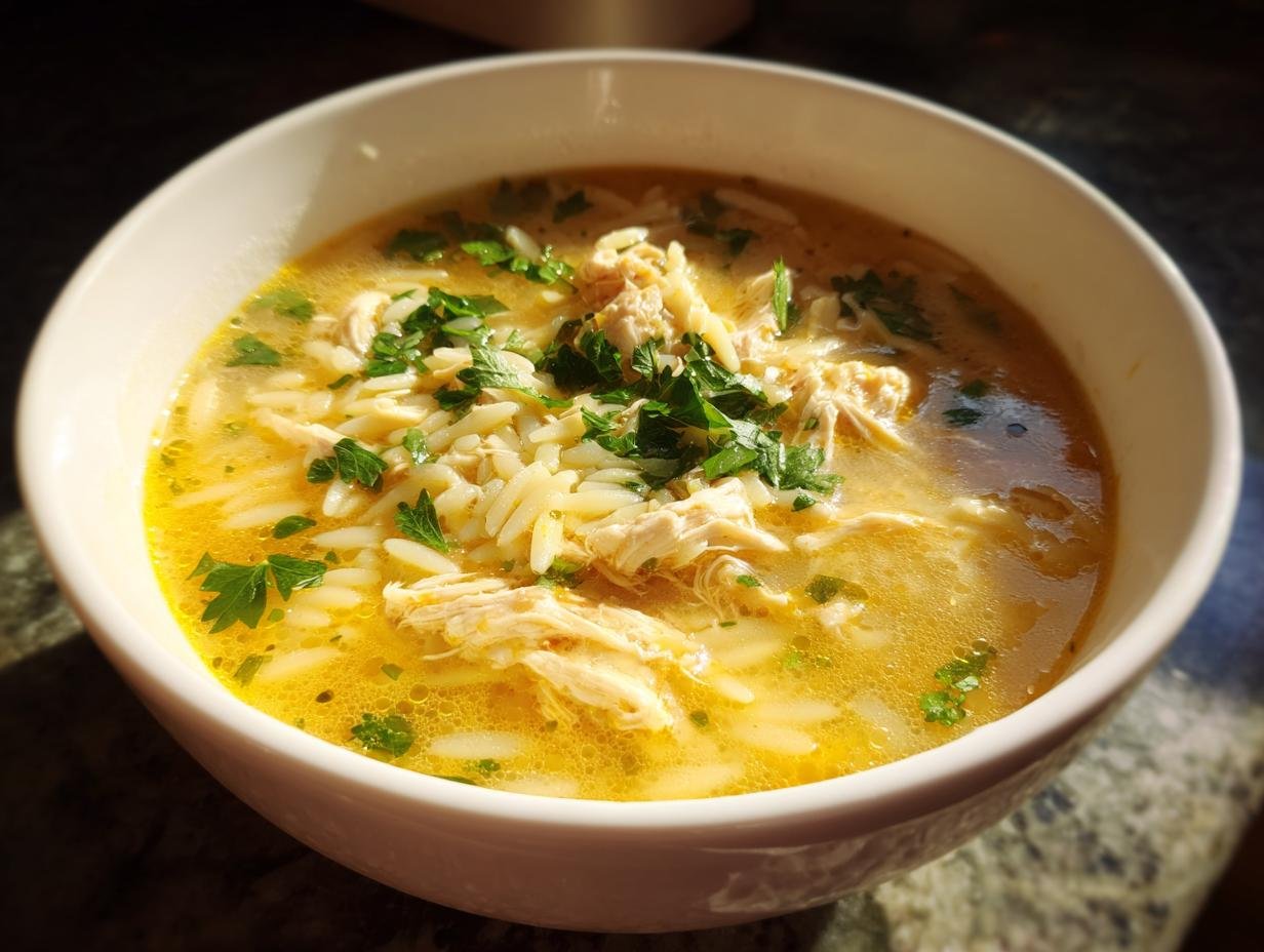 A bowl of Lemon Chicken Soup with shredded chicken, orzo pasta, and fresh parsley.