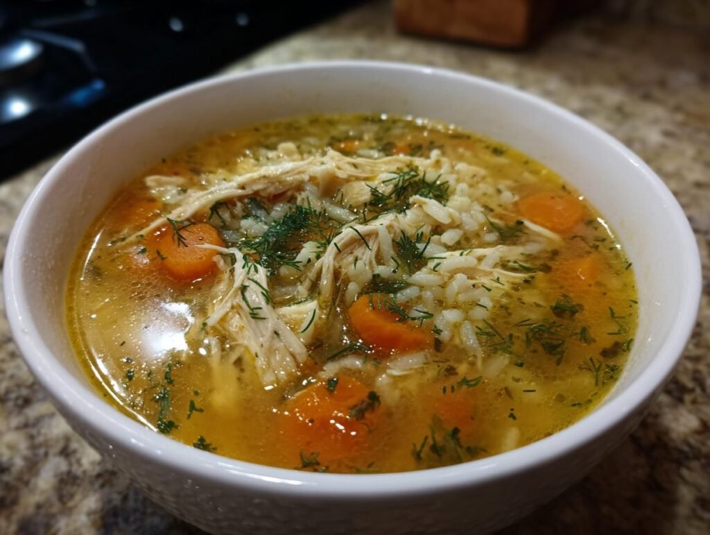 A bowl of Lemon Dilly Chicken Rice Soup, featuring shredded chicken, rice, carrots, and fresh dill.