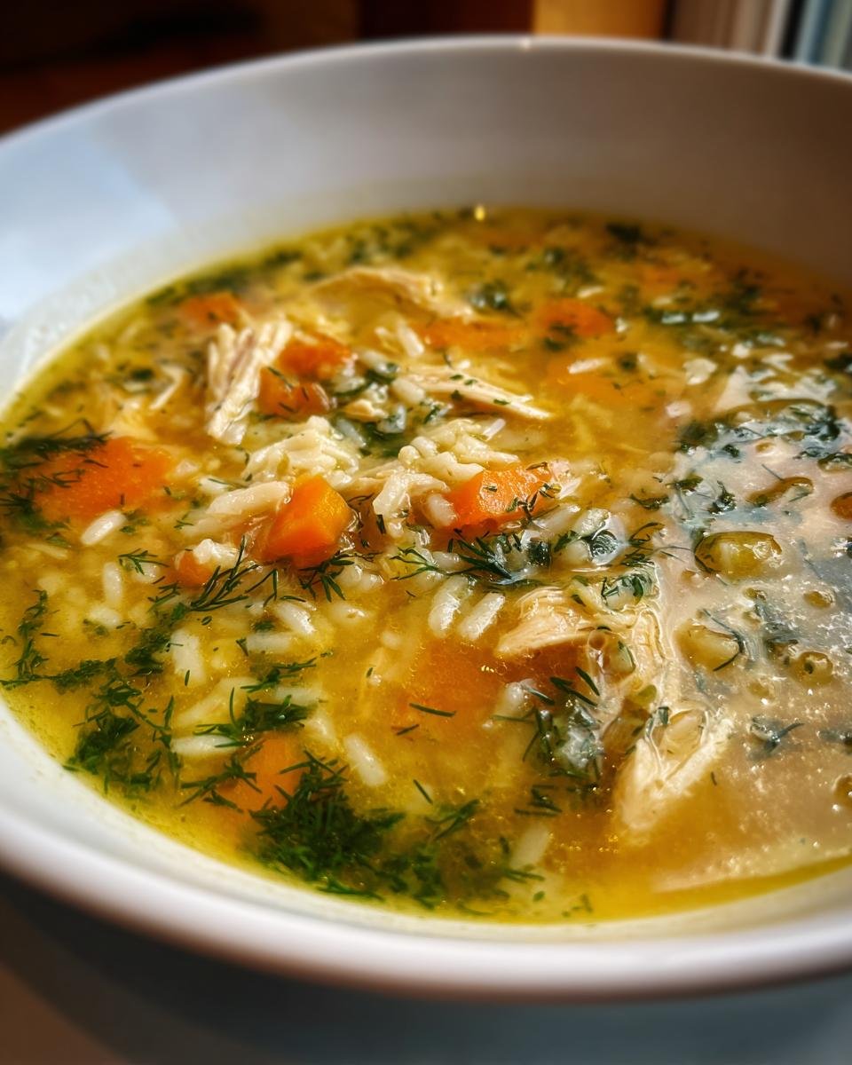 Close-up of a bowl of Lemon Dilly Chicken Rice Soup, featuring chicken, rice, carrots, and fresh dill.