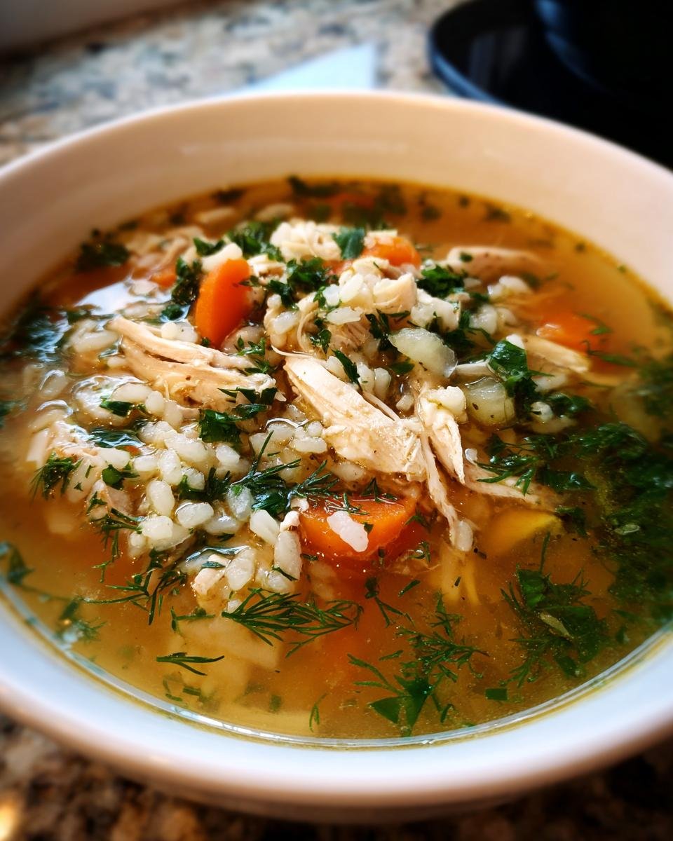 A bowl of Lemon Dilly Chicken Rice Soup with chicken, rice, carrots, and fresh dill.