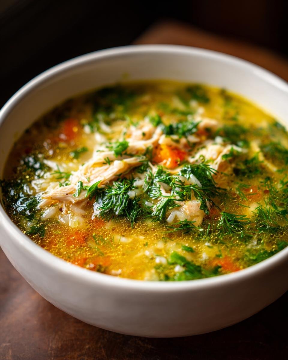 Close-up of a bowl of Lemon Dilly Chicken Rice Soup, garnished with fresh dill and visible chicken and rice.