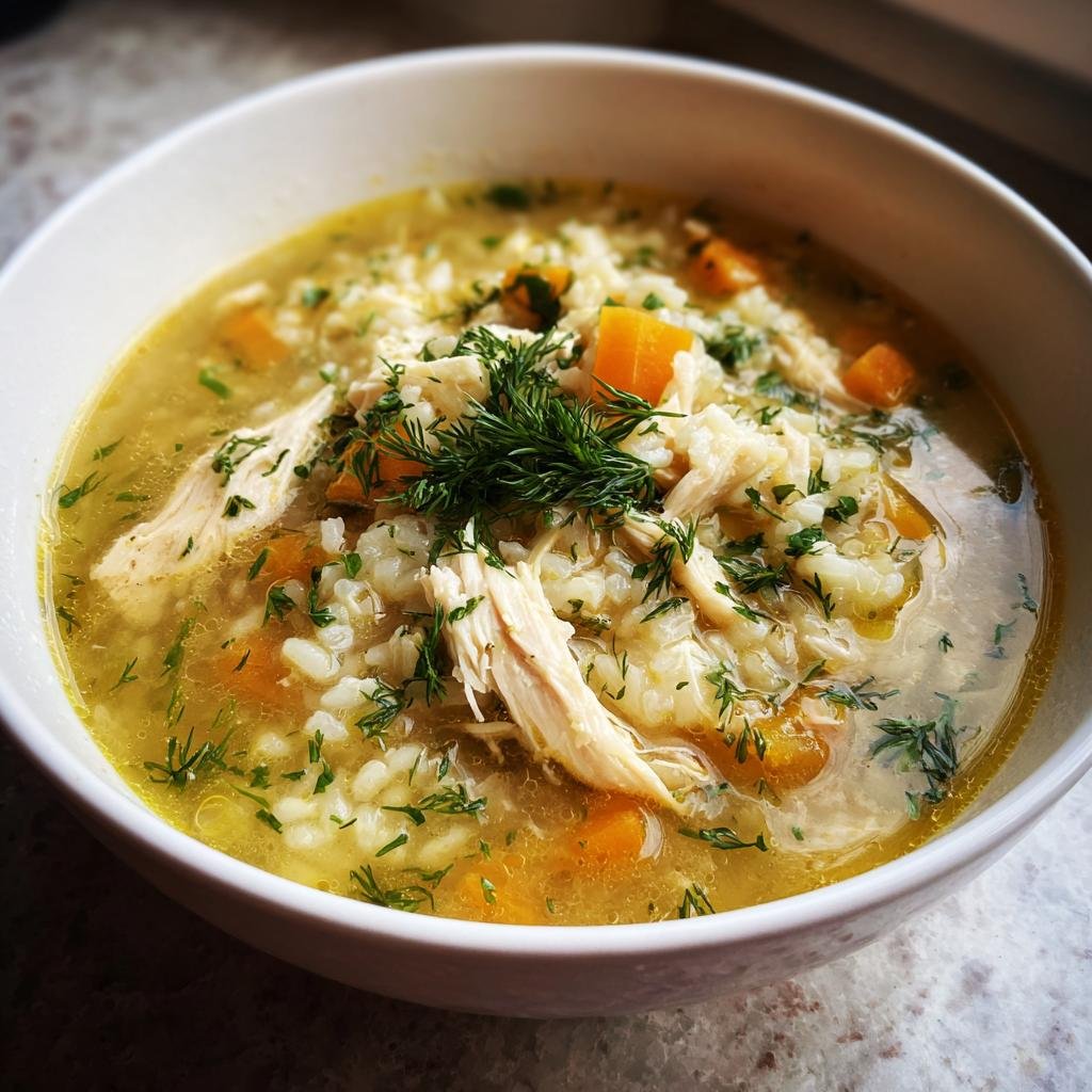 A bowl of Lemon Dilly Chicken Rice Soup with shredded chicken, rice, dill and carrots.