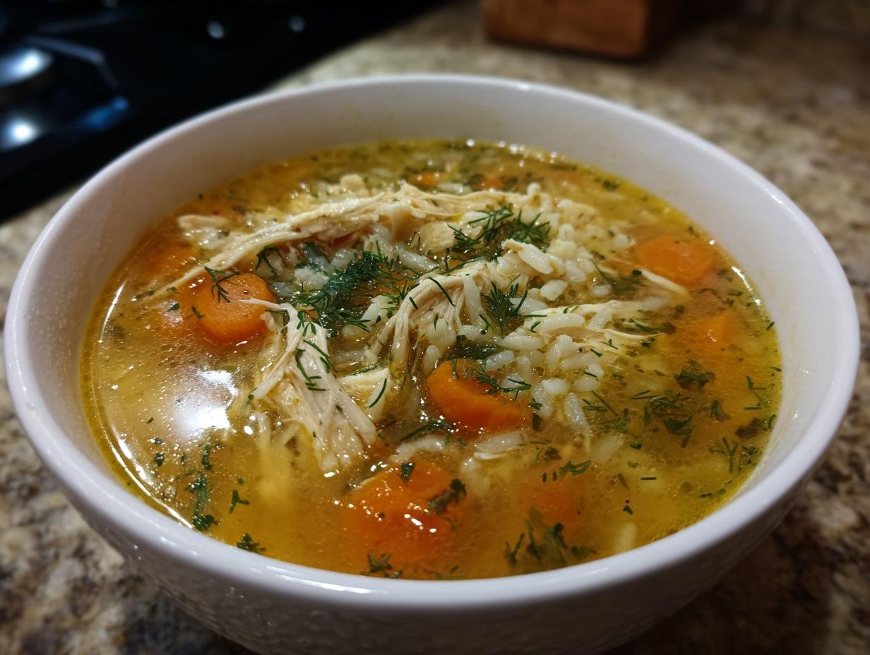 A bowl of Lemon Dilly Chicken Rice Soup, featuring shredded chicken, rice, carrots, and fresh dill.