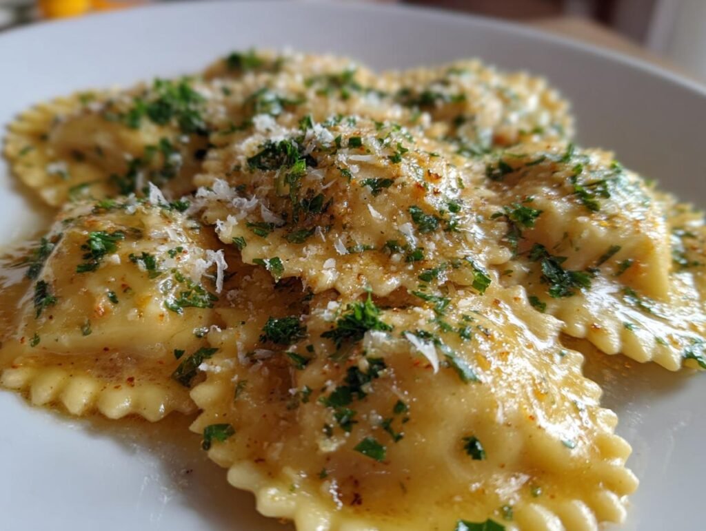 Close-up of Lobster Ravioli in Butter Sauce, garnished with parsley and parmesan cheese.