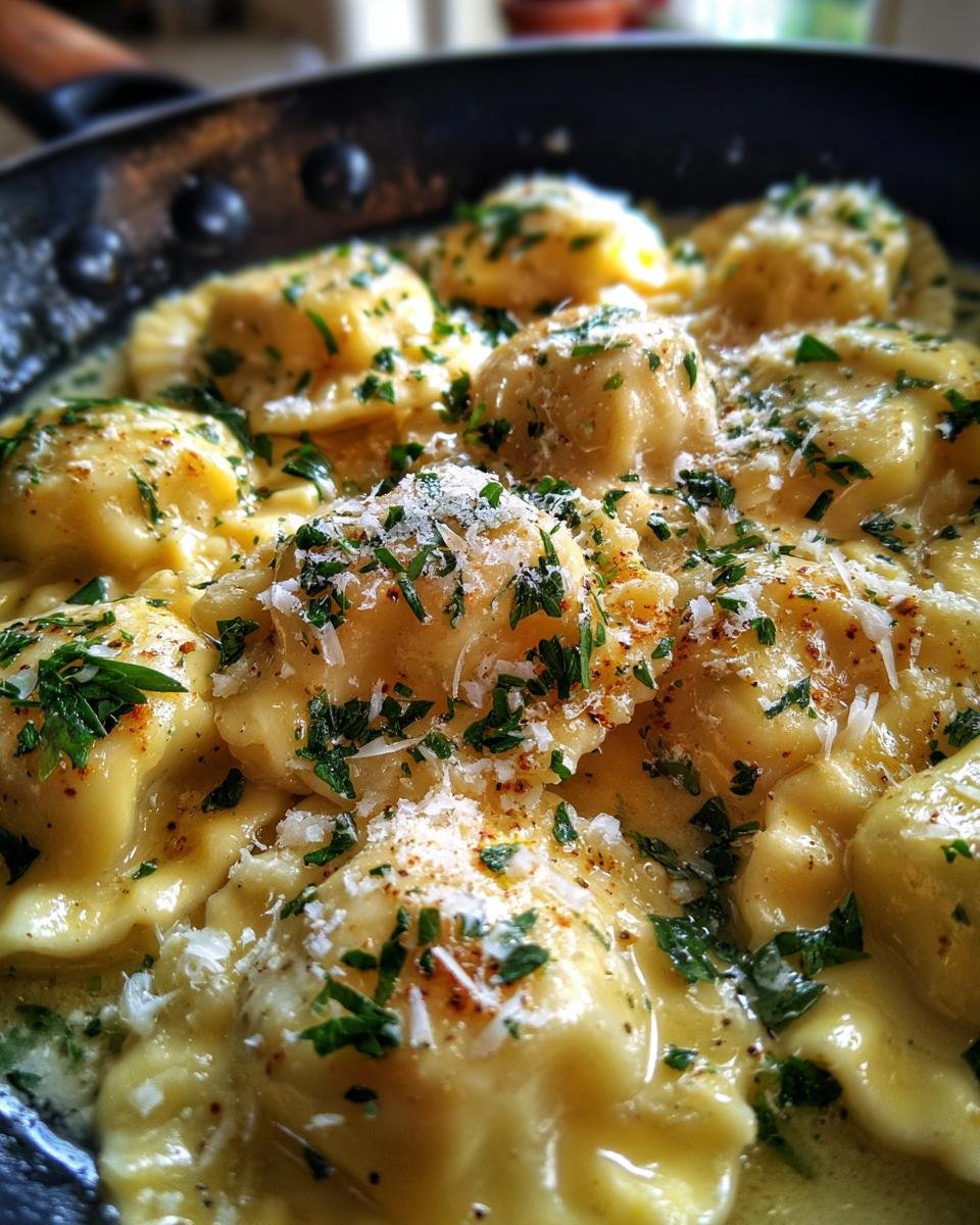 Close-up of Lobster Ravioli in Butter Sauce, garnished with parsley and parmesan cheese.