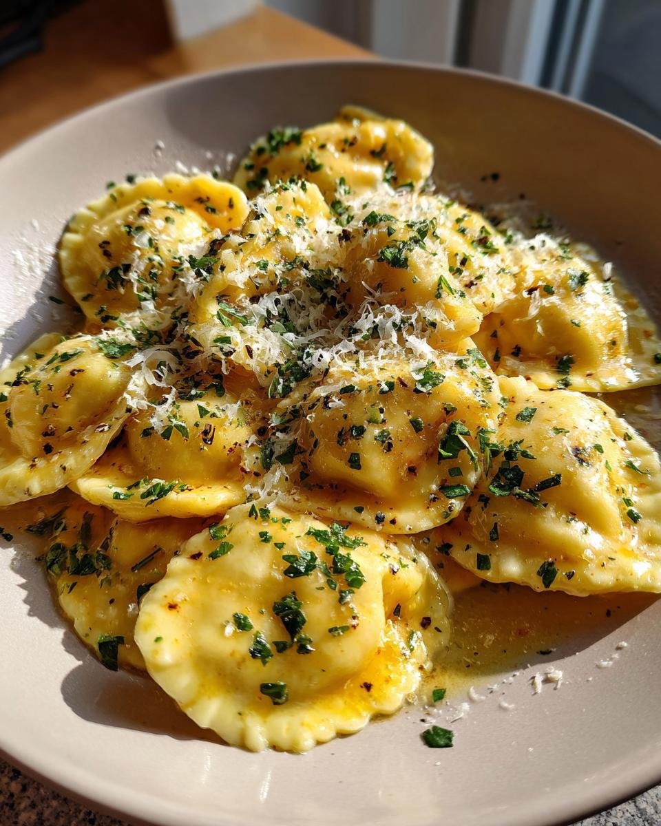 A plate of Lobster Ravioli in Butter Sauce, garnished with parsley and parmesan cheese.