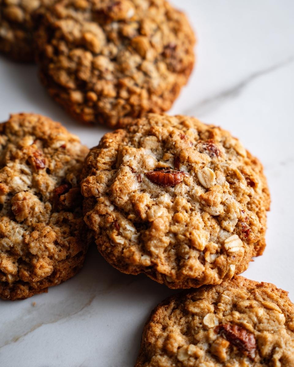A close-up of several Low Sugar Oatmeal Cookies on a white marble surface.