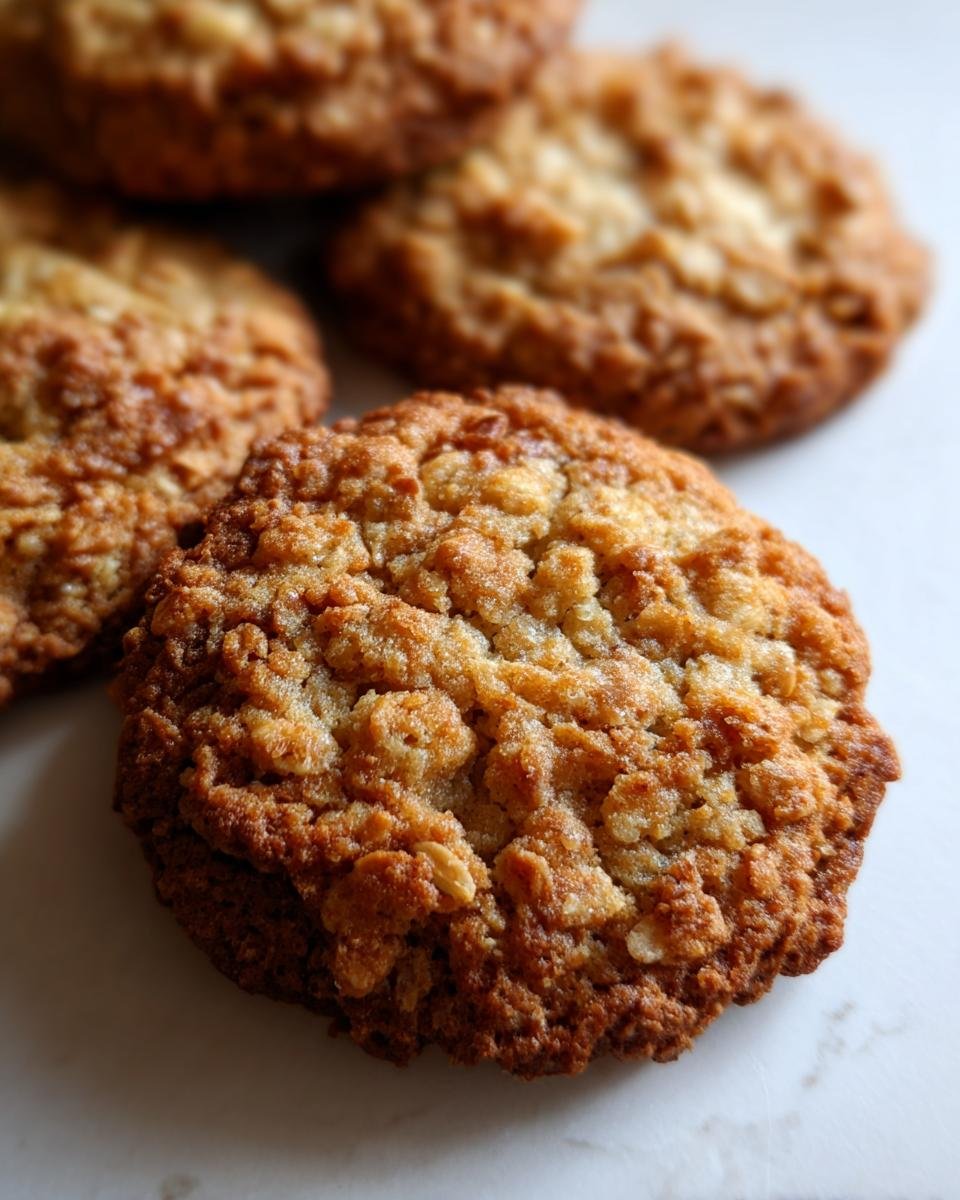 A close-up of freshly baked Low Sugar Oatmeal Cookies, showcasing their texture and golden-brown color.