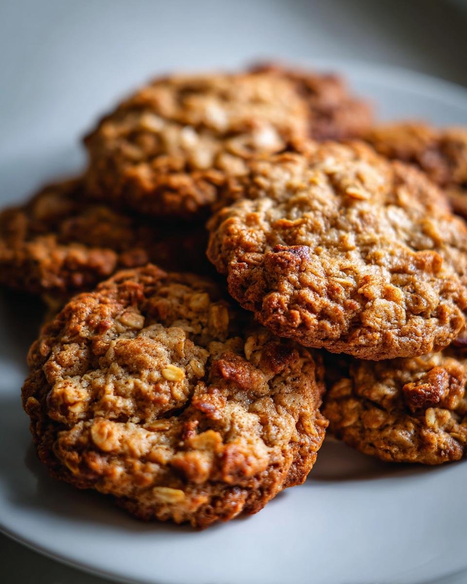 A stack of freshly baked Low Sugar Oatmeal Cookies on a white plate, showcasing their texture and golden-brown color.