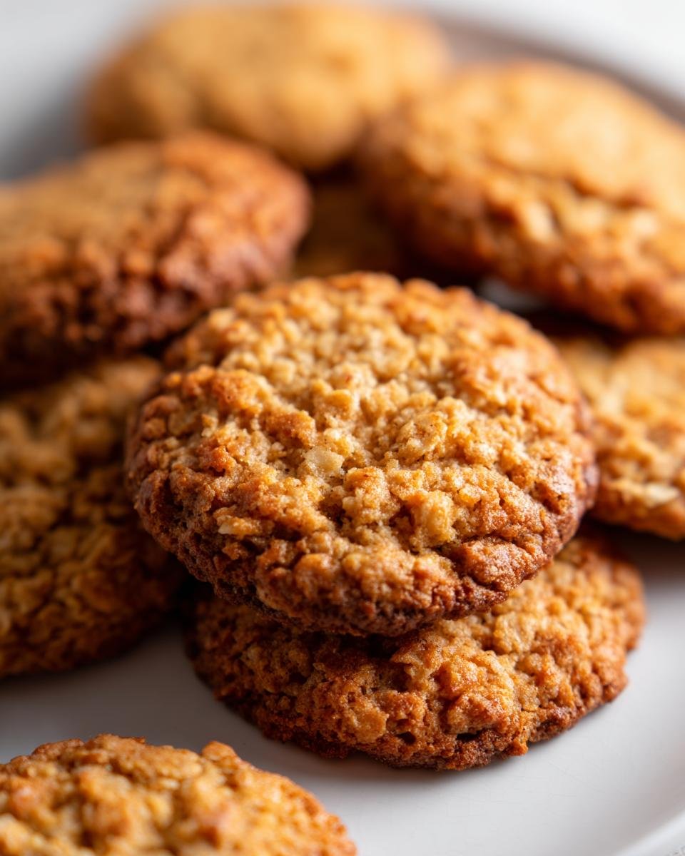 A close-up of a stack of freshly baked Low Sugar Oatmeal Cookies on a white plate.