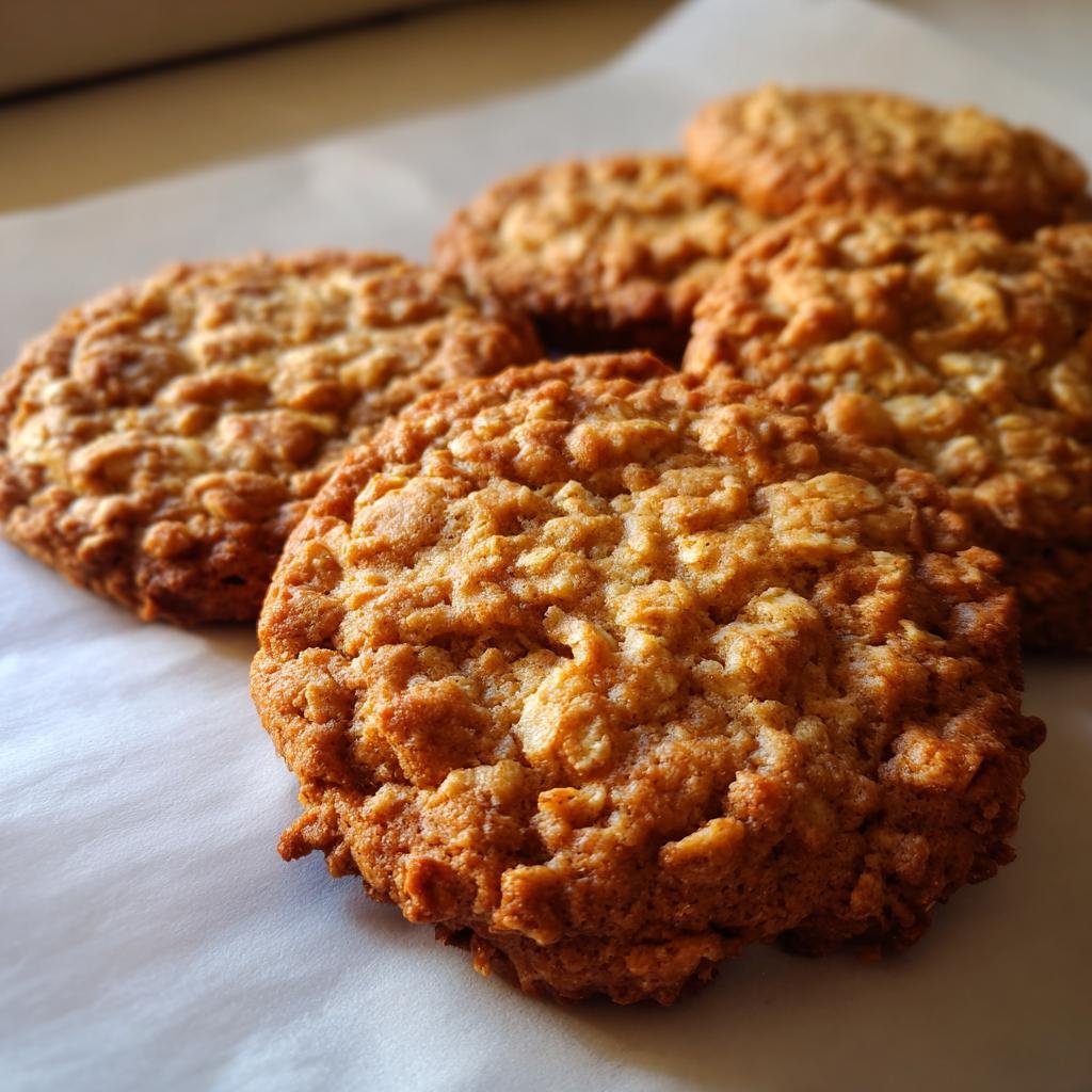 A close-up of several golden brown Low Sugar Oatmeal Cookies on parchment paper.