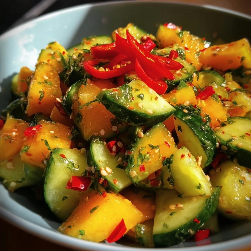 Close-up of a vibrant Mango Cucumber Salad in a bowl, garnished with red chili peppers and herbs.