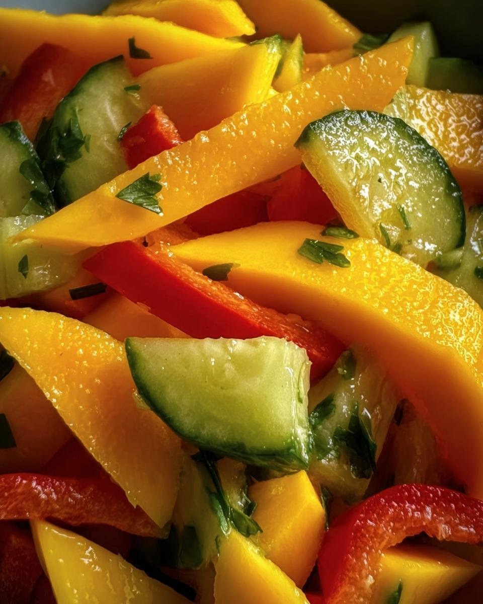 A vibrant close-up of Mango Cucumber Salad with red bell peppers and fresh herbs.