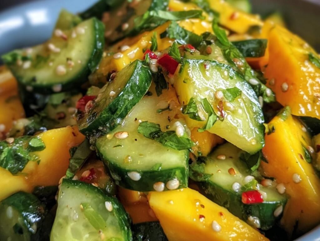 Close-up of vibrant Mango Cucumber Salad with fresh herbs and a light dressing.