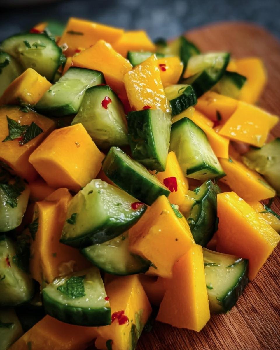 A vibrant close-up of Mango Cucumber Salad, featuring diced mango, cucumber, and a sprinkle of red pepper flakes.