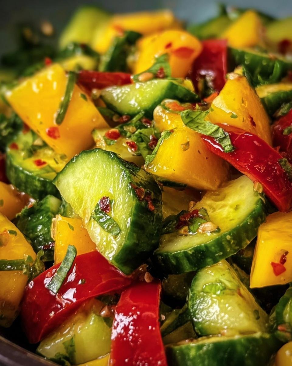 A vibrant close-up of Mango Cucumber Salad featuring mango, cucumber, and red bell pepper.